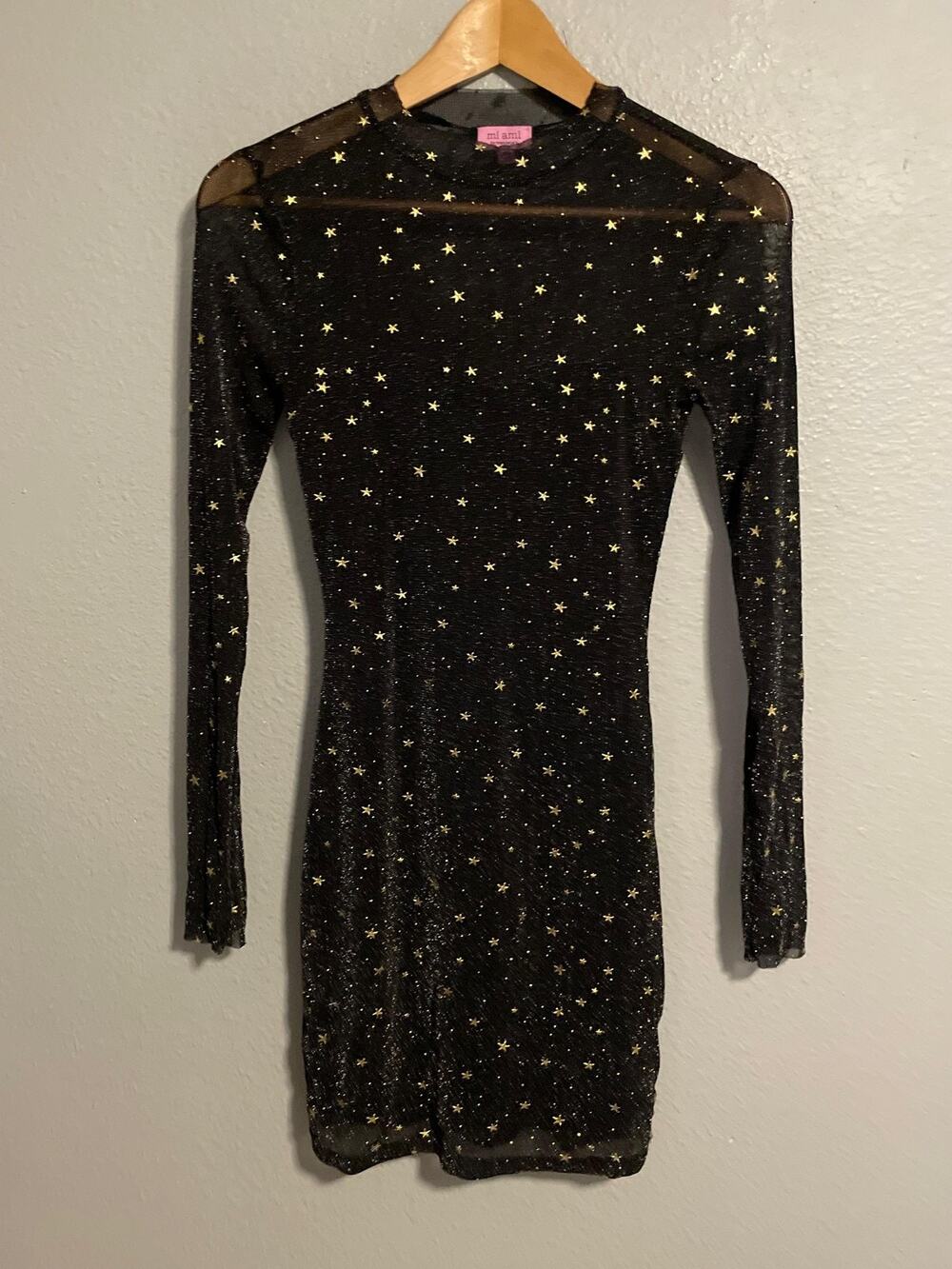 Mi Ami For Francesca's Womens Dress XS Black Star Bodycon Mini Celestial FLAW